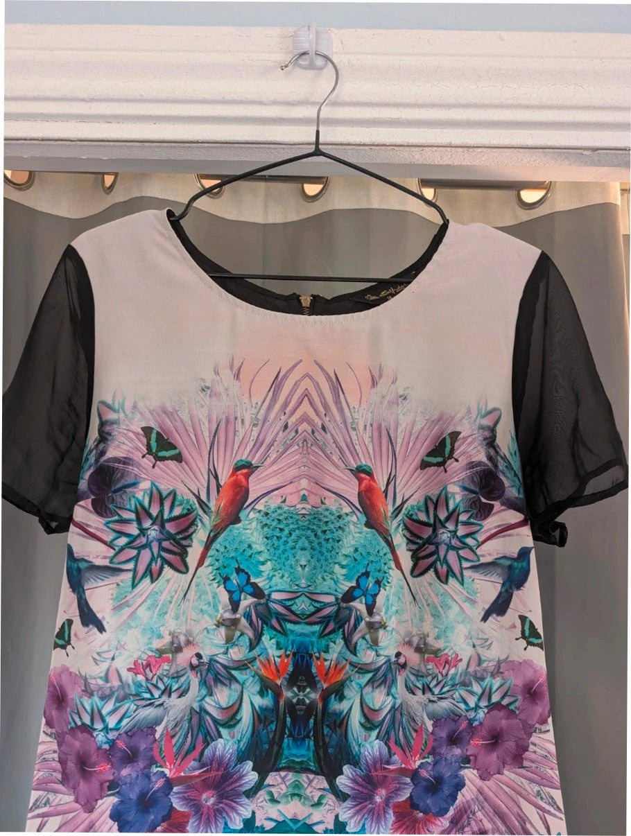 Miss Selfridge multi tropical bird print maxi dress with sheer black sleeves and pink zip.