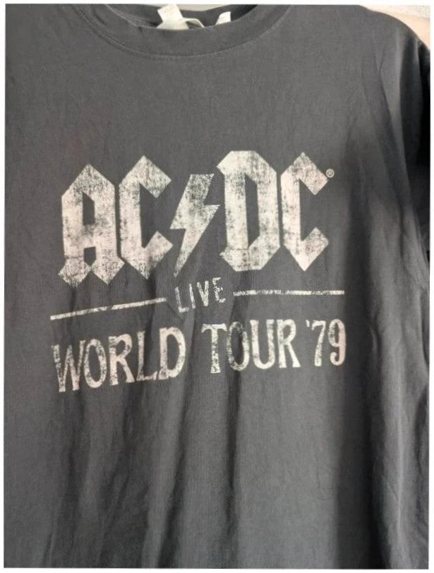 AC/DC graphic tee grey with distressed lightning bolt print on soft cotton blend fabric.