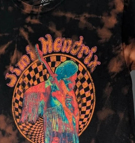 Hendrix graphic tee black bleach tie dye featuring vibrant Jimi Hendrix guitar design.