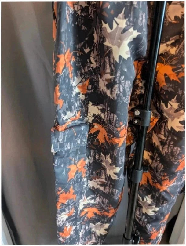 Crafted grey orange leaf camo cargo trousers with multiple pockets and elastic waistband.