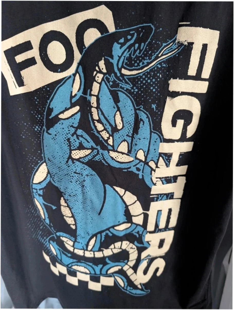 Foo Fighters black graphic tee featuring coiling snake design and blue checkerboard pattern.