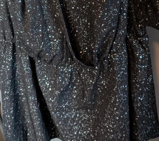 Shein Curve black cold shoulder blouse with silver shimmer, V-neckline and flutter sleeves.