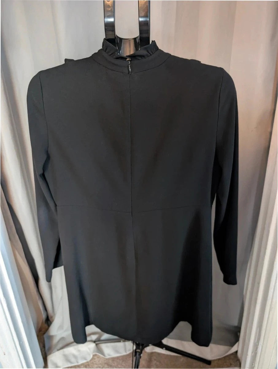 Zara Woman black pencil dress with high frill neckline and vertical ruffle trim.