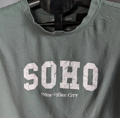 Primark green graphic t-shirt with distressed "SOHO New York City" print and ribbed neckline.