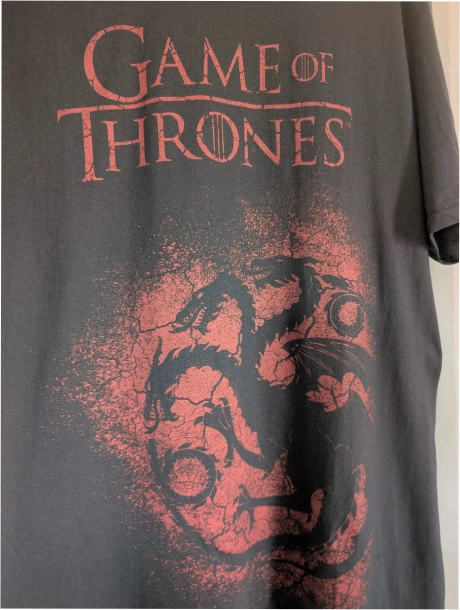 Game Of Thrones black graphic tee featuring distressed red Targaryen dragon sigil.