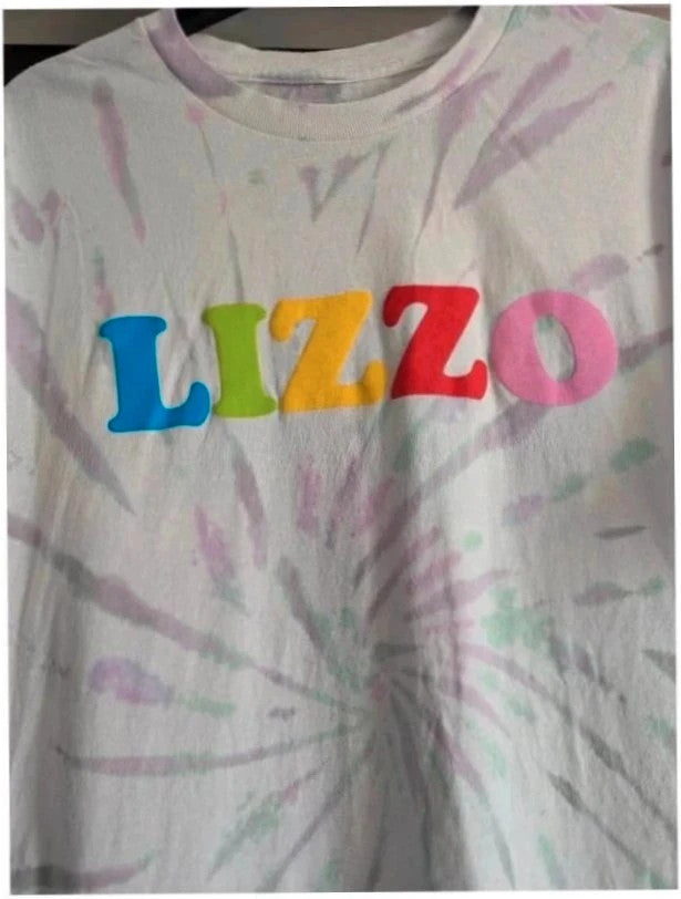 Lizzo Official Merch multi tie dye graphic t-shirt with puff print lettering and crew neck.