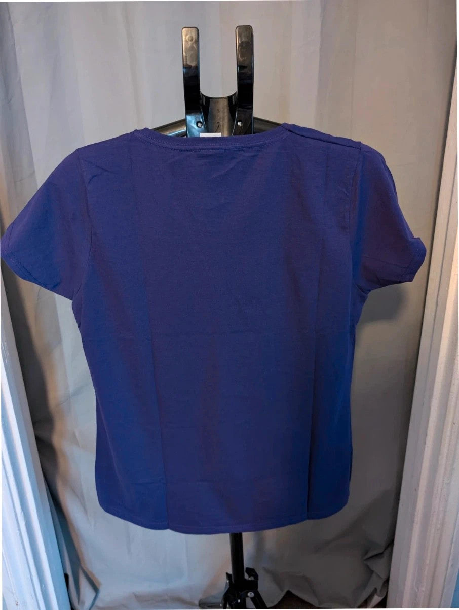 Marvel graphic t-shirt purple featuring "Sorry I'm Late" text and Captain Marvel star motif.