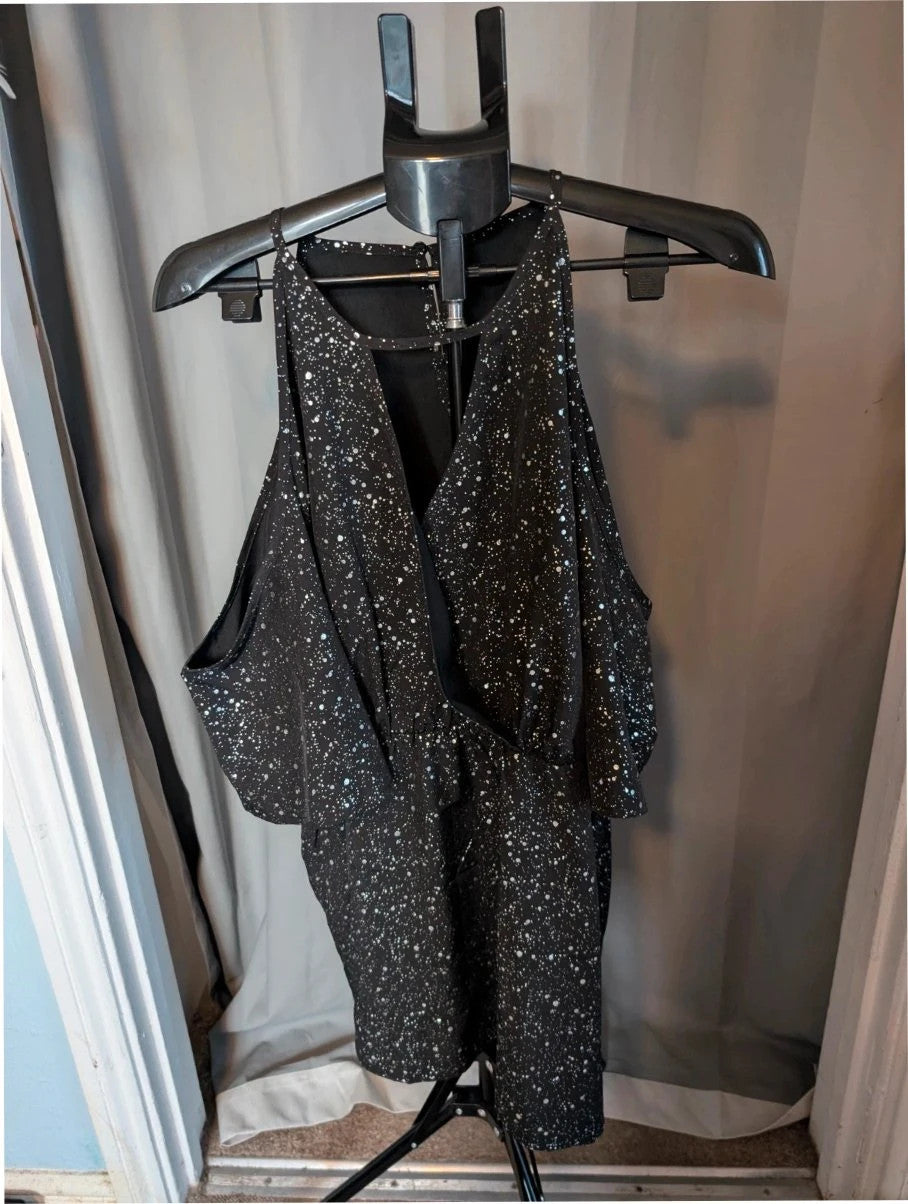 Shein Curve black cold shoulder blouse with silver shimmer, V-neckline and flutter sleeves.