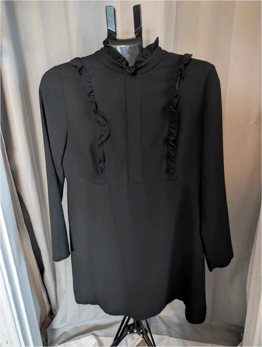 Zara Woman black pencil dress with high frill neckline and vertical ruffle trim.