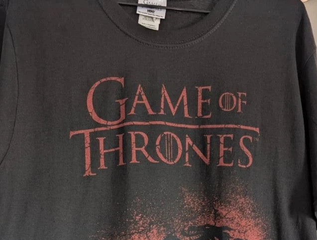 Game Of Thrones black graphic tee featuring distressed red Targaryen dragon sigil.