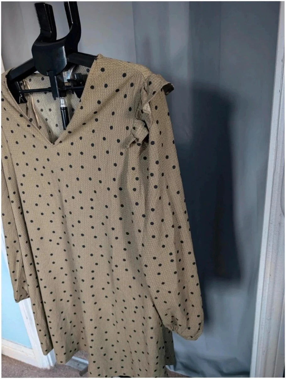 Primark khaki green polka dot tunic dress with ruffle sleeves and V-neckline.