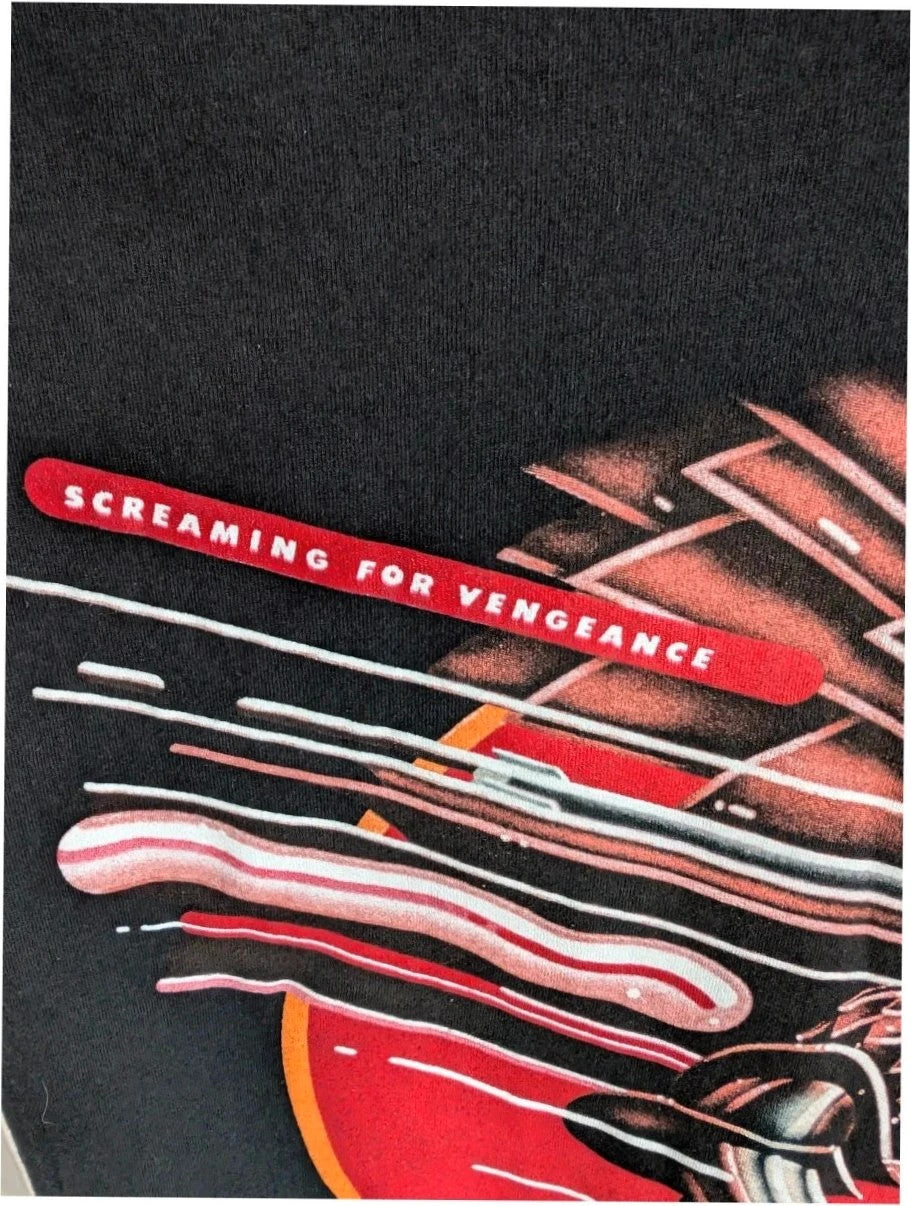 Judas Priest black graphic tee featuring red "Screaming for Vengeance" eagle artwork and logo.