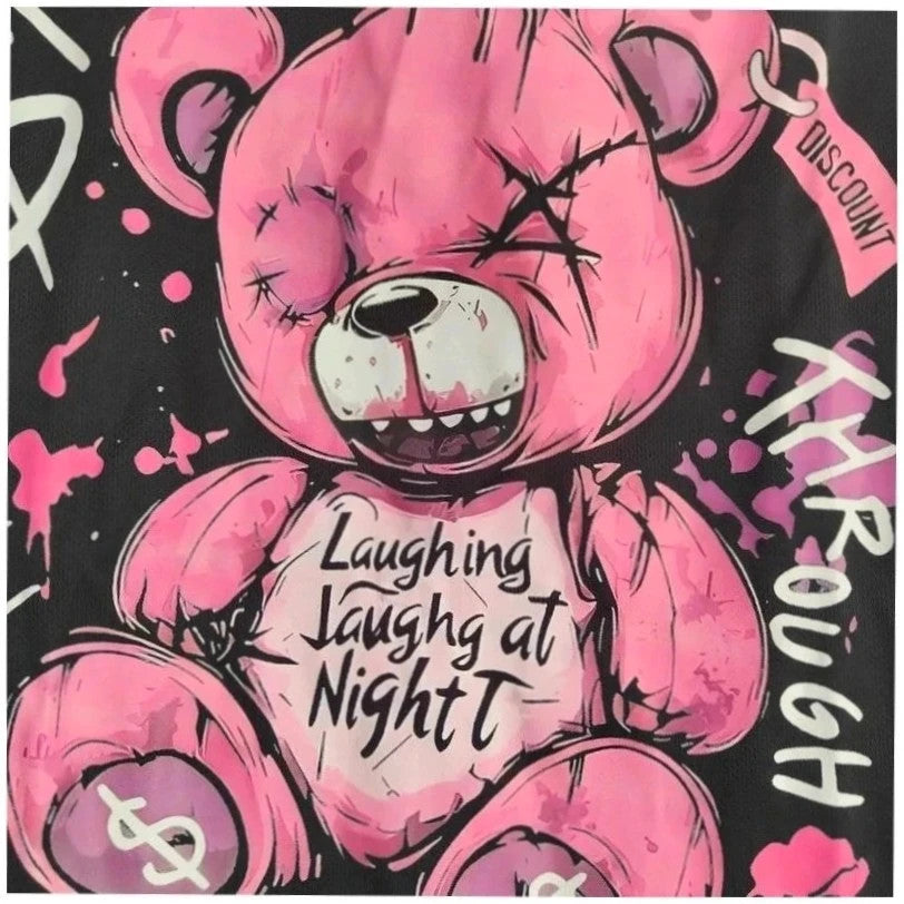 Unbranded black graphic t-shirt with neon pink teddy bear and bold text design.