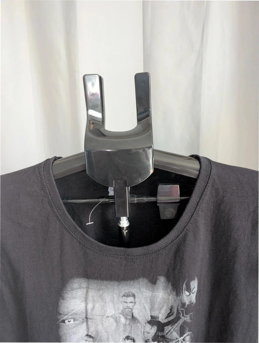 Marvel graphic tee black featuring Thanos and character collage in monochrome print.