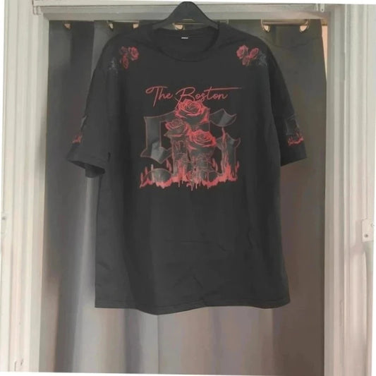 relaxed black graphic t-shirt red rose print gothic style short sleeves