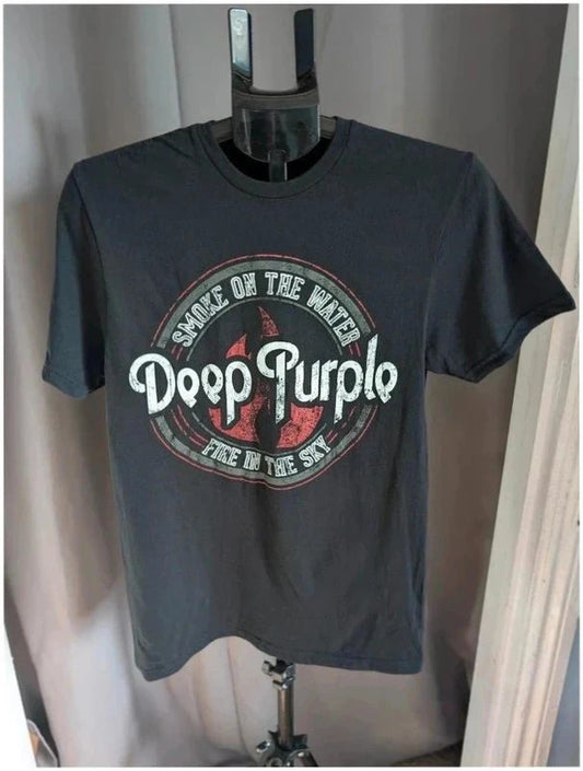 Deep Purple black graphic t-shirt featuring red Smoke on the Water design, 100% cotton.