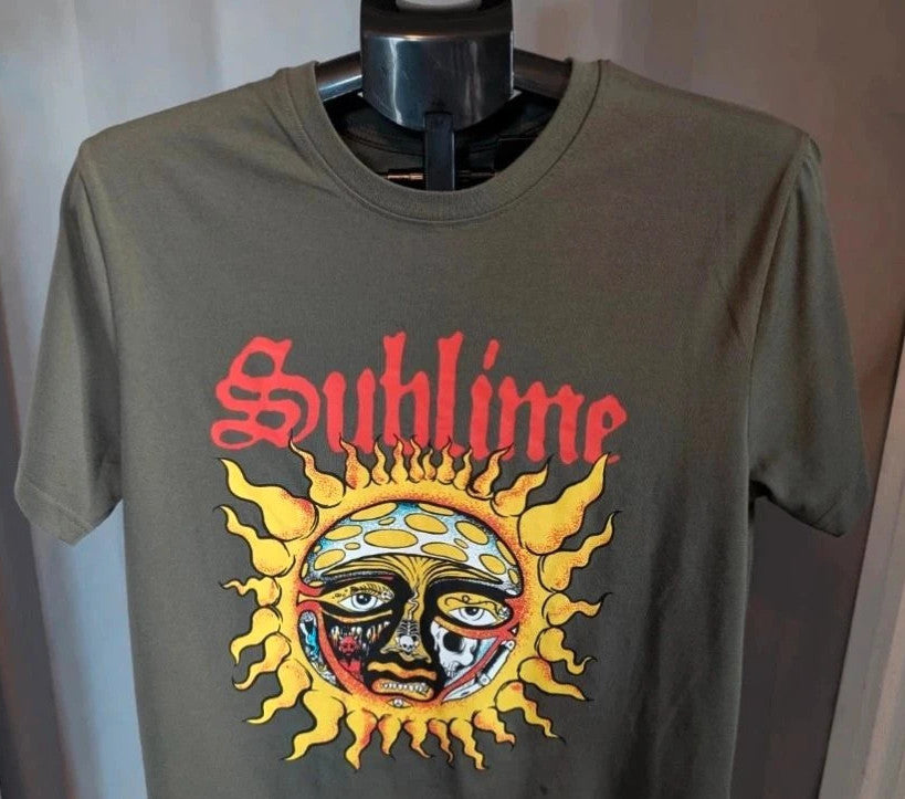 Sublime khaki graphic tee featuring distressed sun artwork and bold red gothic font.