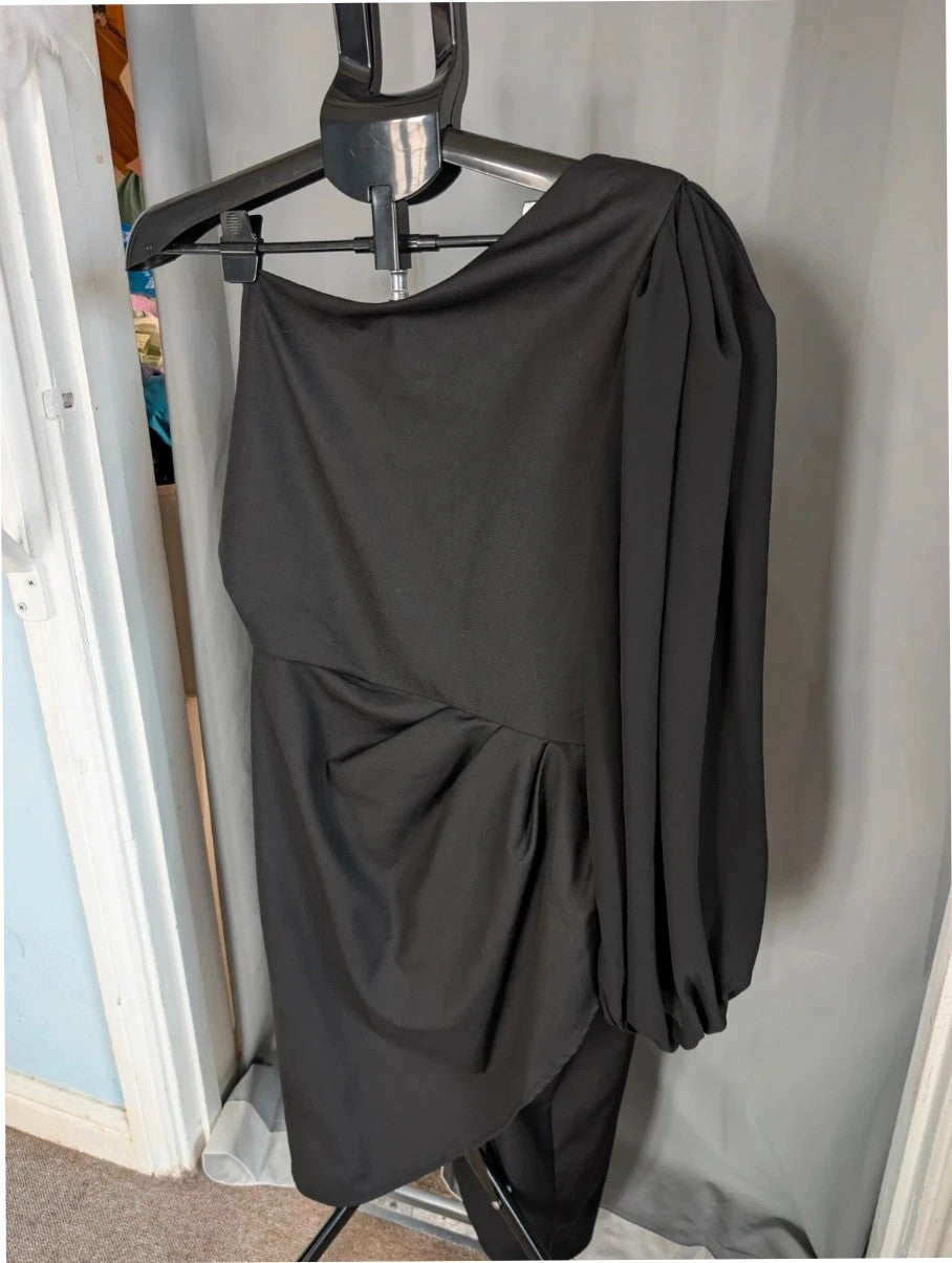 Boohoo black one shoulder mini dress with balloon sleeve and gathered wrap detail.