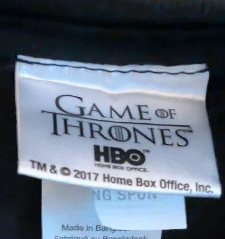 Game of Thrones black graphic tee featuring distressed House Stark direwolf sigil and logo.
