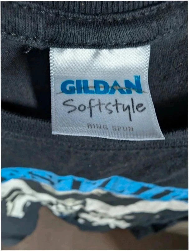 Gildan black graphic t-shirt featuring Westlife band photo print and tour dates in blue.