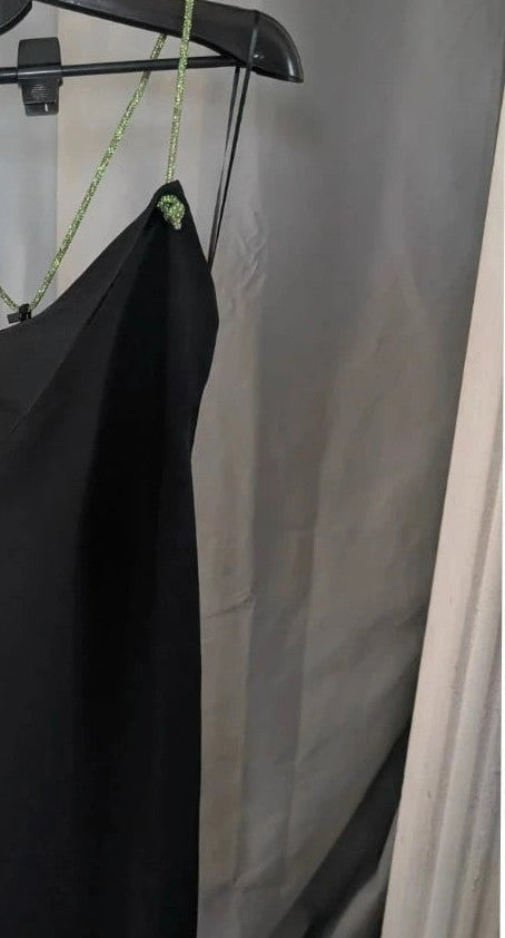 Zara black cowl neck slip dress with lime green rhinestone straps and smooth polyester fabric.