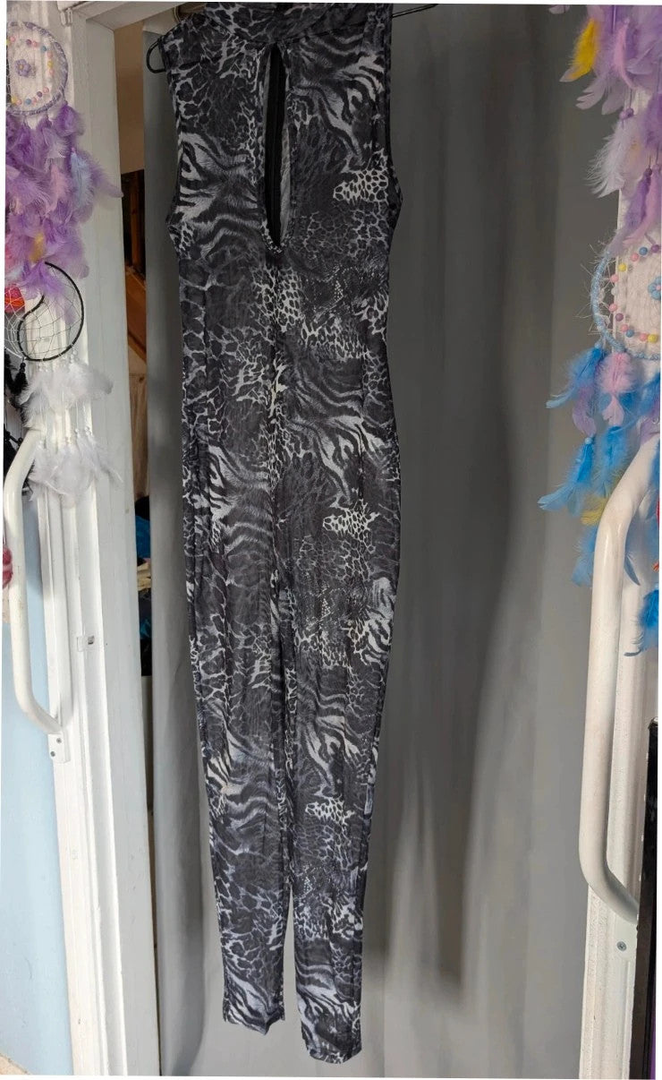 SHEIN grey animal print sheer mesh jumpsuit with high neckline and keyhole cutout.