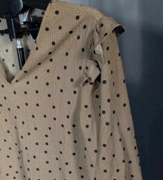 Primark khaki green polka dot tunic dress with ruffle sleeves and V-neckline.
