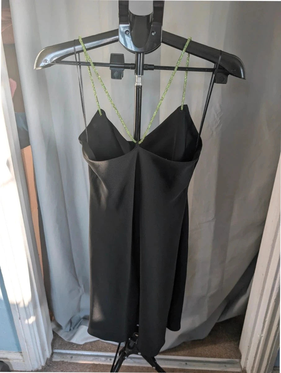 Zara black cowl neck slip dress with lime green rhinestone straps and smooth polyester fabric.