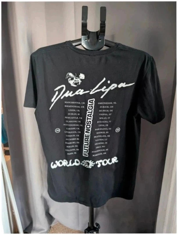 Dua Lipa black graphic tee with front polaroid print and back tour dates list.