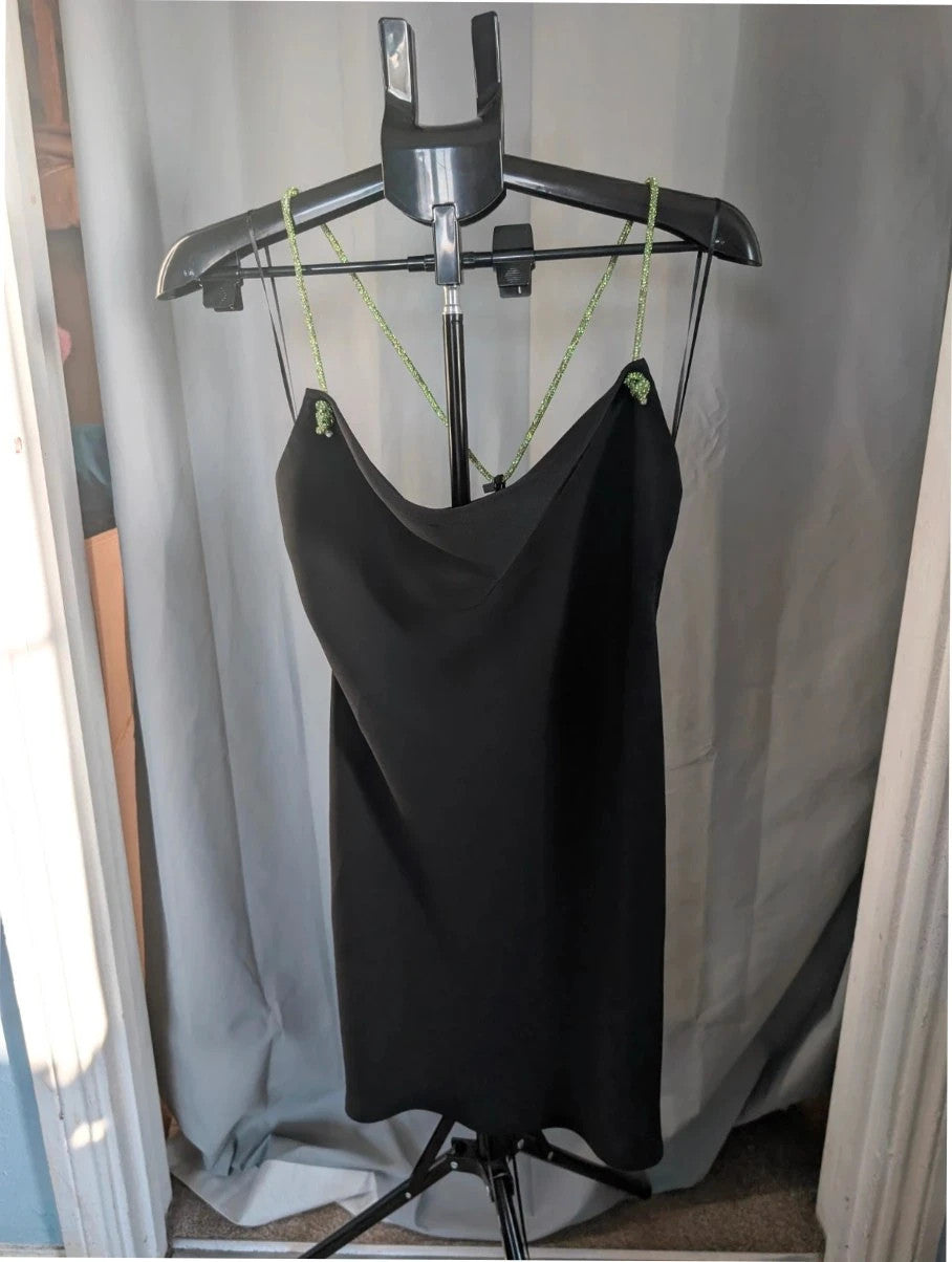 Zara black cowl neck slip dress with lime green rhinestone straps and smooth polyester fabric.