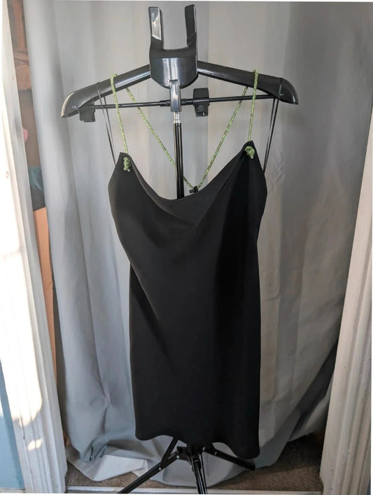 Zara black cowl neck slip dress with lime green rhinestone straps and smooth polyester fabric.