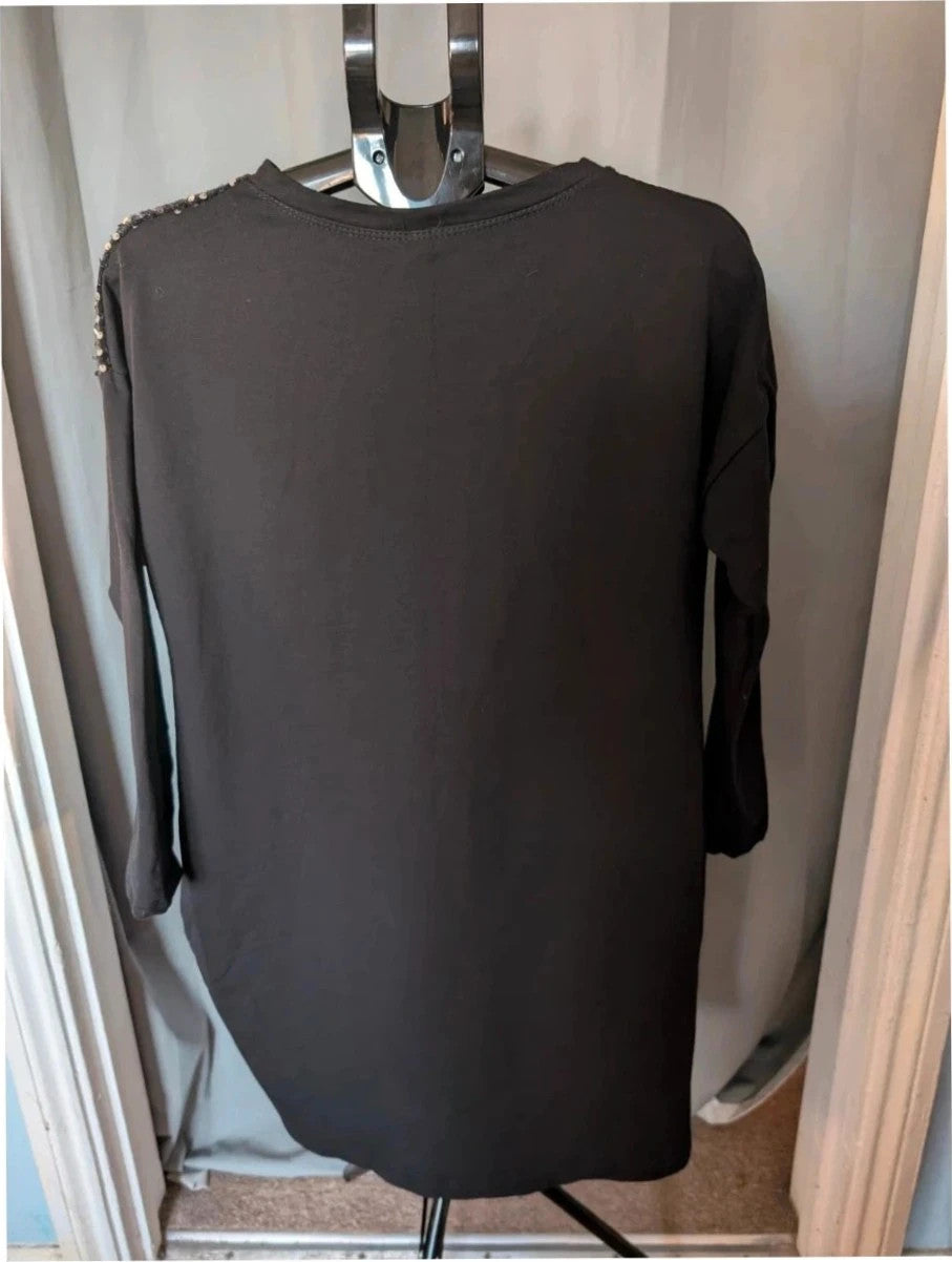 New Collection black tunic dress with silver sequin panels and relaxed crew neckline.
