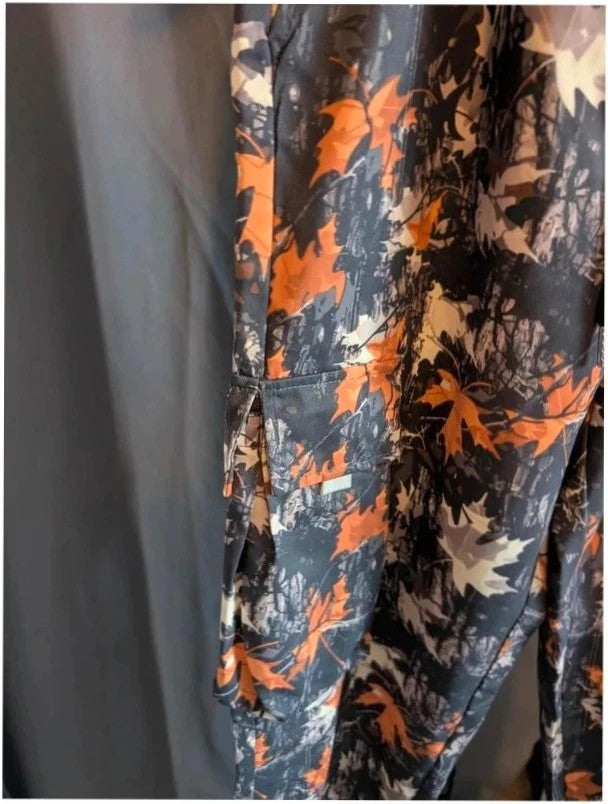 Crafted grey orange leaf camo cargo trousers with multiple pockets and elastic waistband.