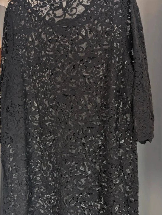Monsoon black sheer floral lace mini dress with 3/4 sleeves and scoop neckline.