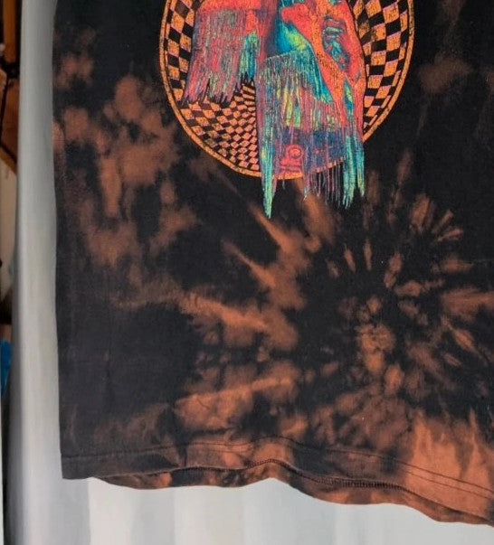 Hendrix graphic tee black bleach tie dye featuring vibrant Jimi Hendrix guitar design.