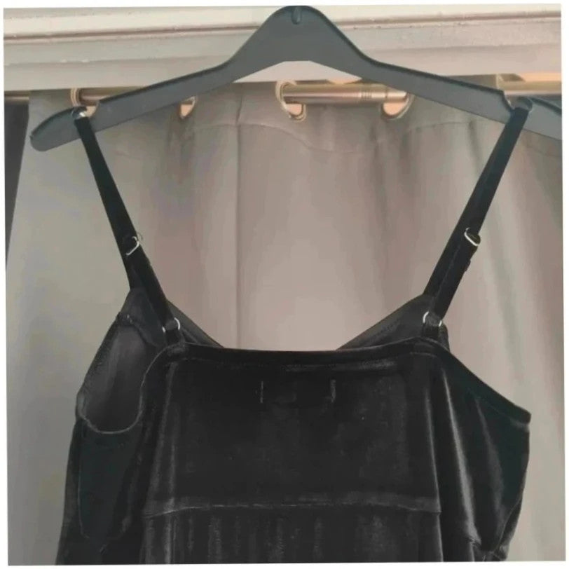 Hollister black velvet slip dress with adjustable straps and soft plush texture.