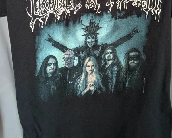 Official Cradle Of Filth black graphic tee featuring band portrait and tour dates on back.