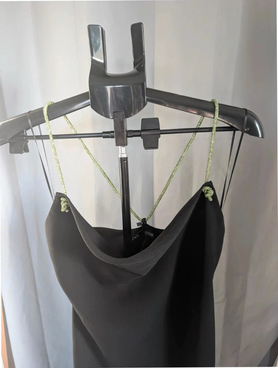 Zara black cowl neck slip dress with lime green rhinestone straps and smooth polyester fabric.