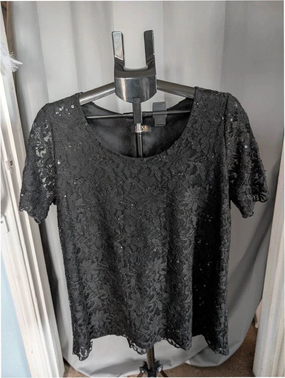Luxe By Yours black floral lace sequin top with scoop neckline and scallop-edged hem.