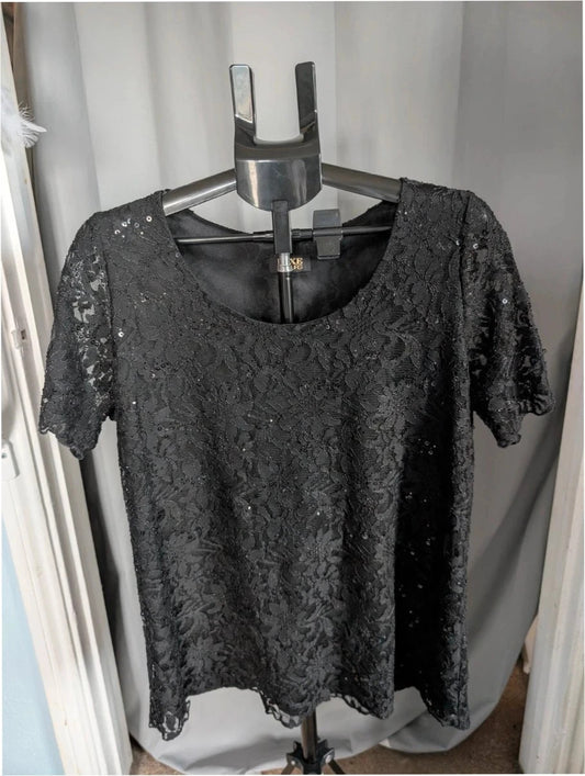 Luxe By Yours black floral lace sequin top with scoop neckline and scallop-edged hem.