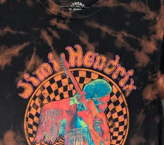 Hendrix graphic tee black bleach tie dye featuring vibrant Jimi Hendrix guitar design.