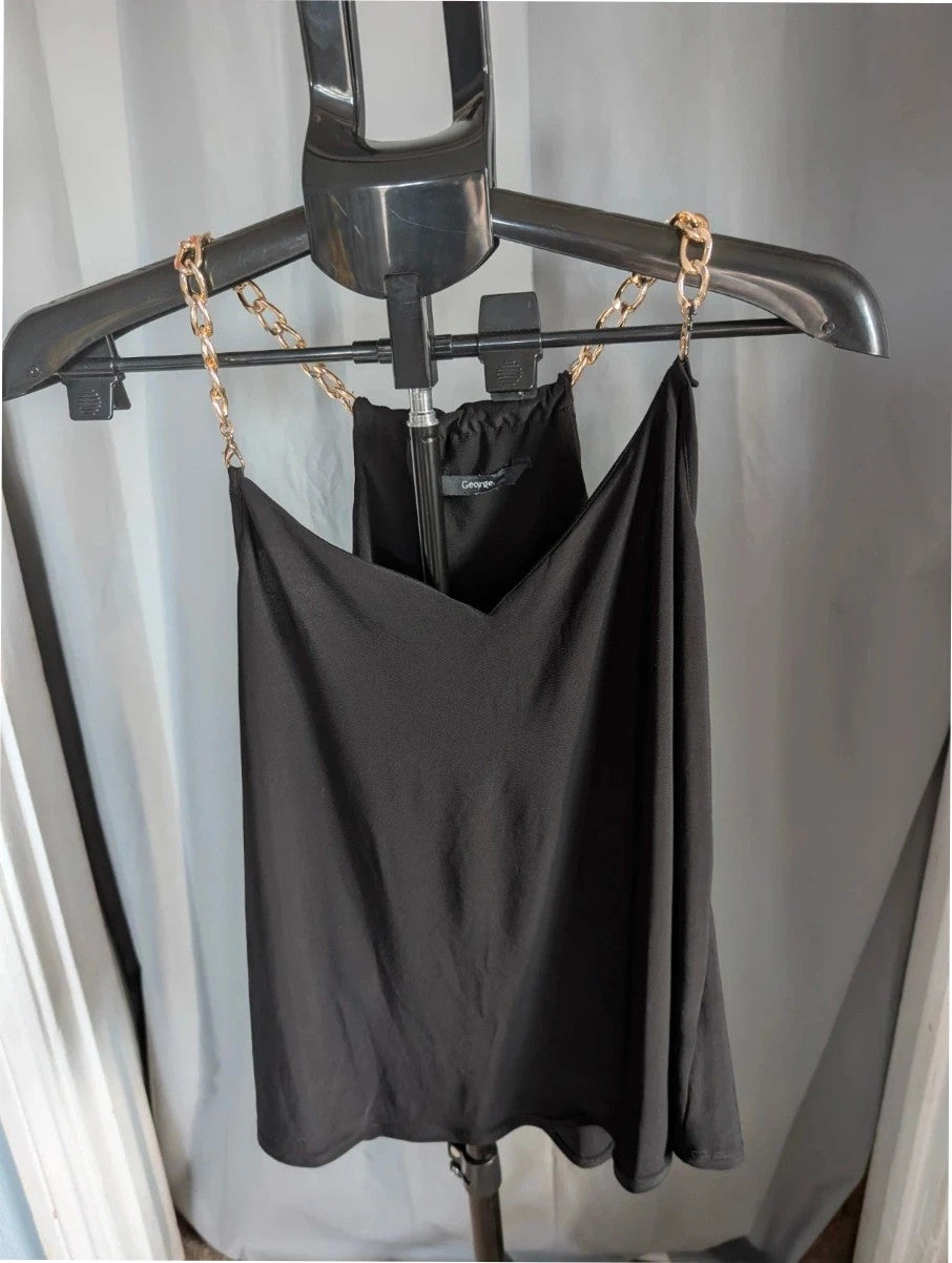 George black halterneck camisole top with chunky gold chain straps and V-neckline.