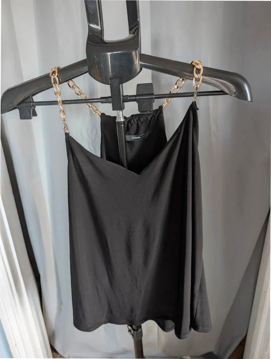 George black halterneck camisole top with chunky gold chain straps and V-neckline.