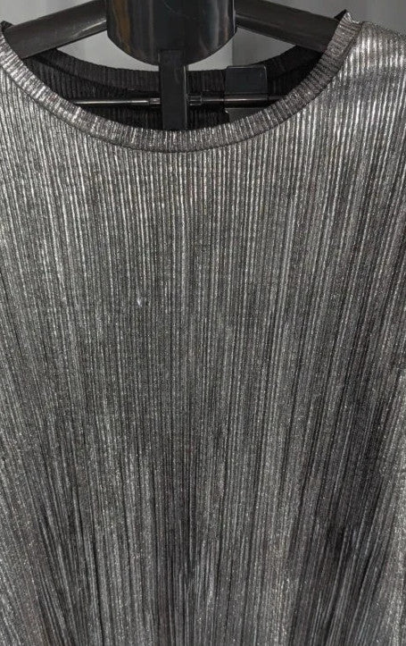 Bershka silver plissé pleated tunic top with scoop neckline and dropped shoulders.