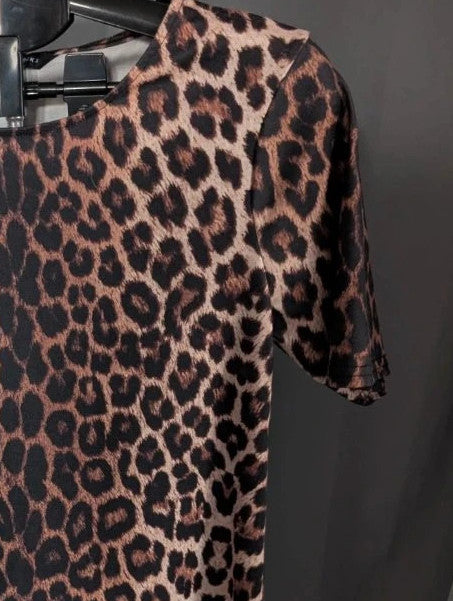 Peacocks leopard print shift mini dress in black and brown with scoop neckline and short sleeves.