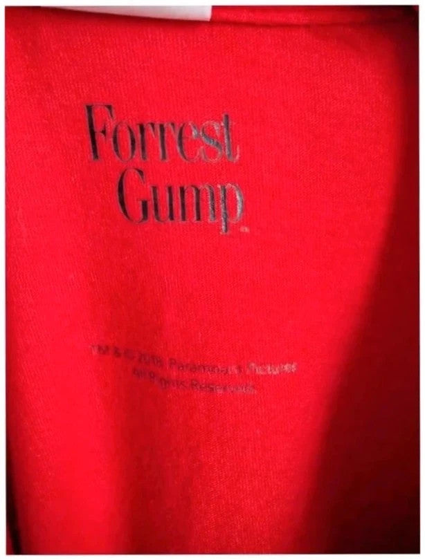 Forrest Gump red graphic t-shirt featuring number 44 print, 100% cotton, retro style.