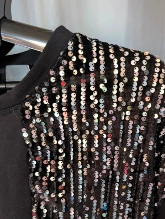 New Collection black tunic dress with silver sequin panels and relaxed crew neckline.