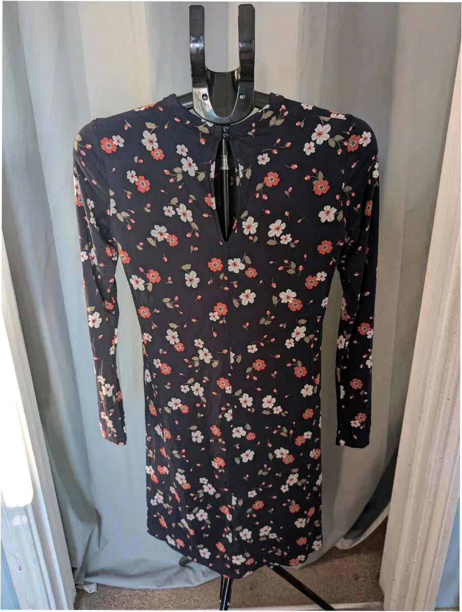 M&S COLLECTION navy blue floral mini dress with high neck and long sleeves.