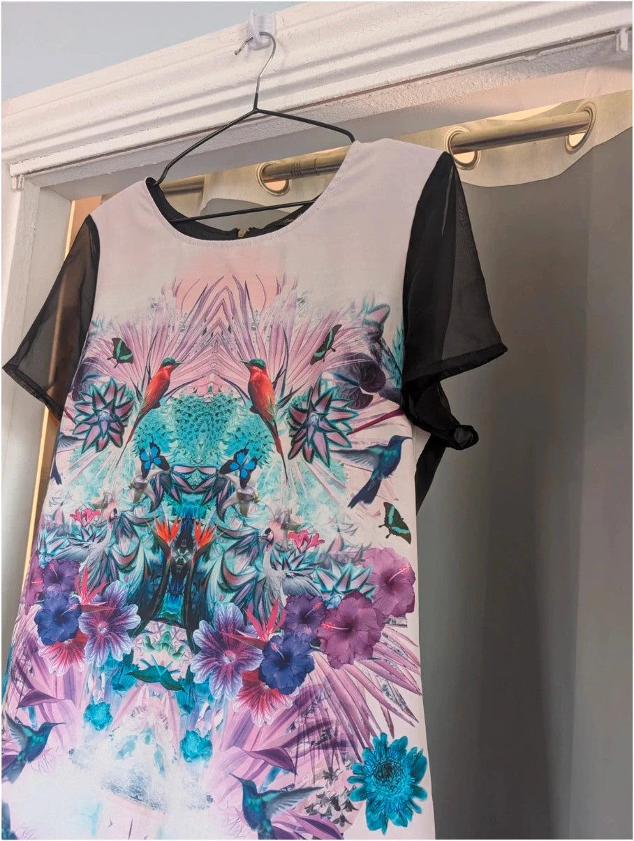 Miss Selfridge multi tropical bird print maxi dress with sheer black sleeves and pink zip.