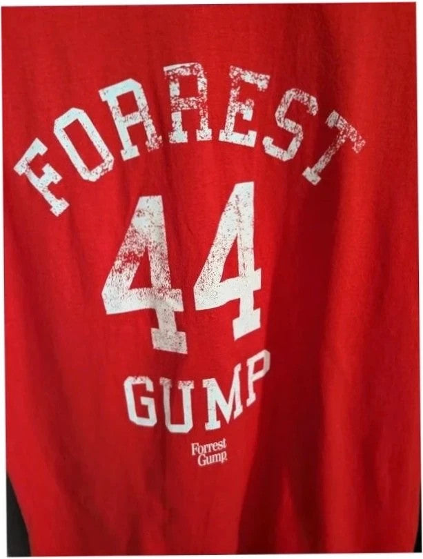 Forrest Gump red graphic t-shirt featuring number 44 print, 100% cotton, retro style.